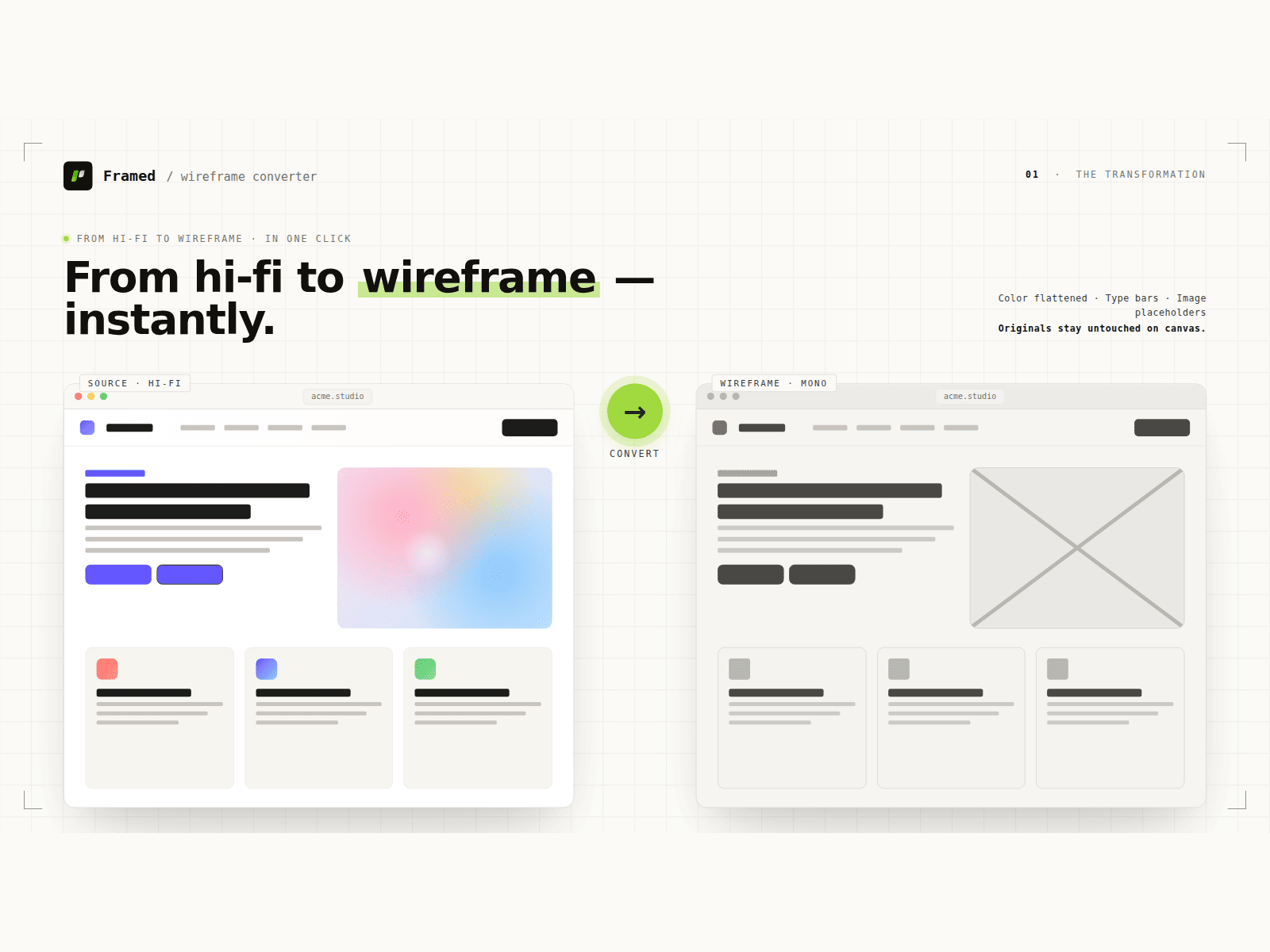Framed converting a hi-fi Figma frame into a wireframe copy with a single click.