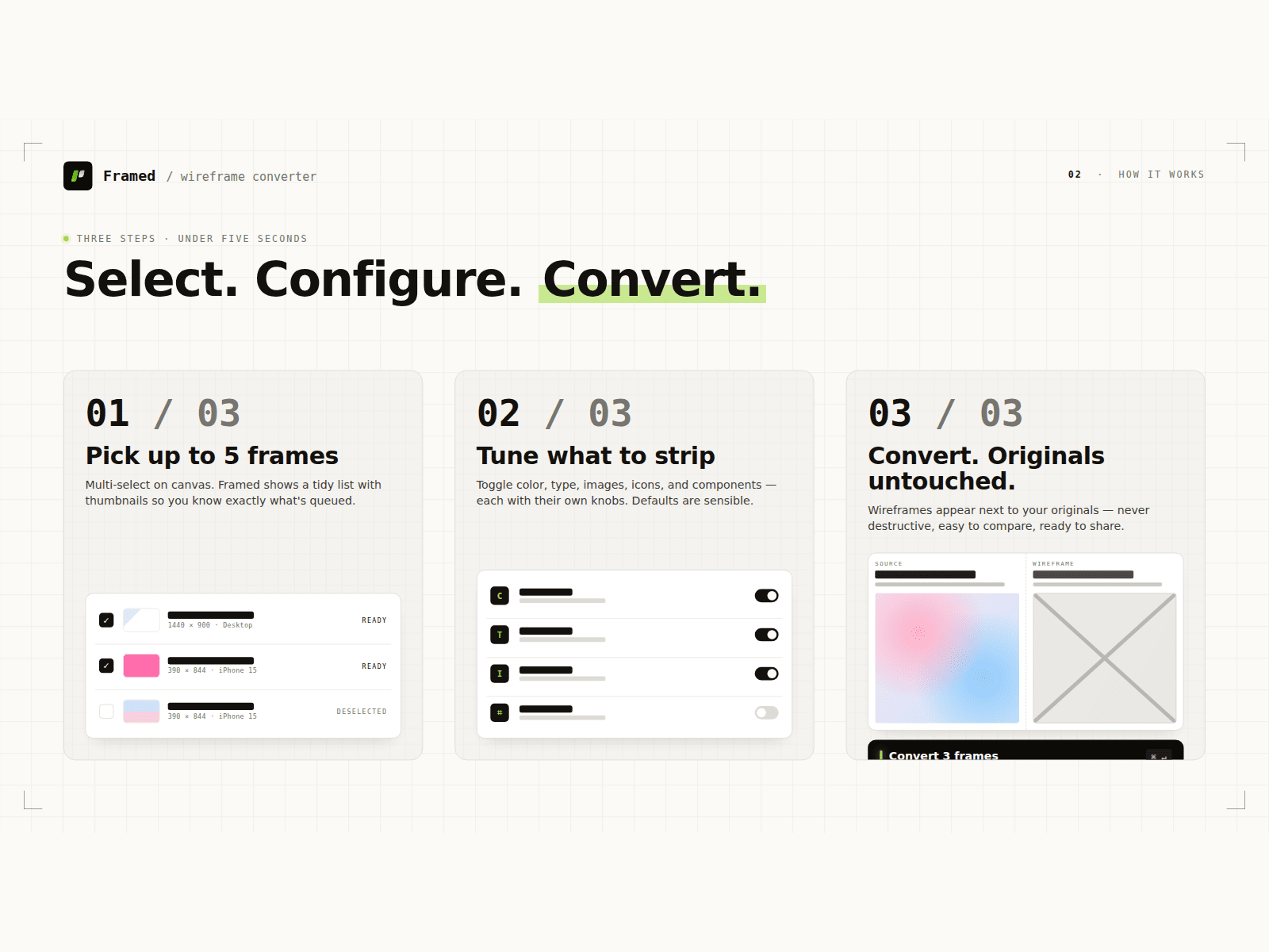 Three-tab options screen in Framed showing Convert, Advanced, and Library.